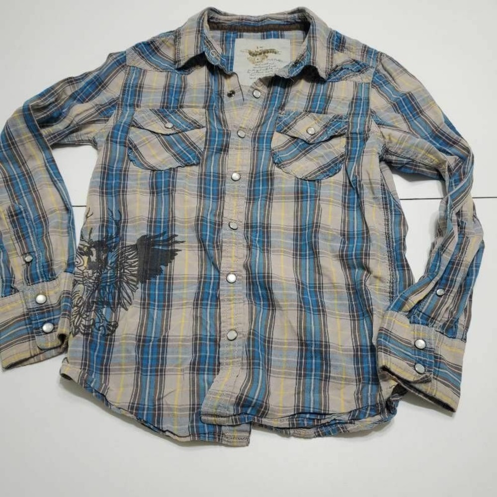 Epic Threads Boy Button Front Shirt Blue Plaid Long Sleeve Pearl Snap Cotton S 7